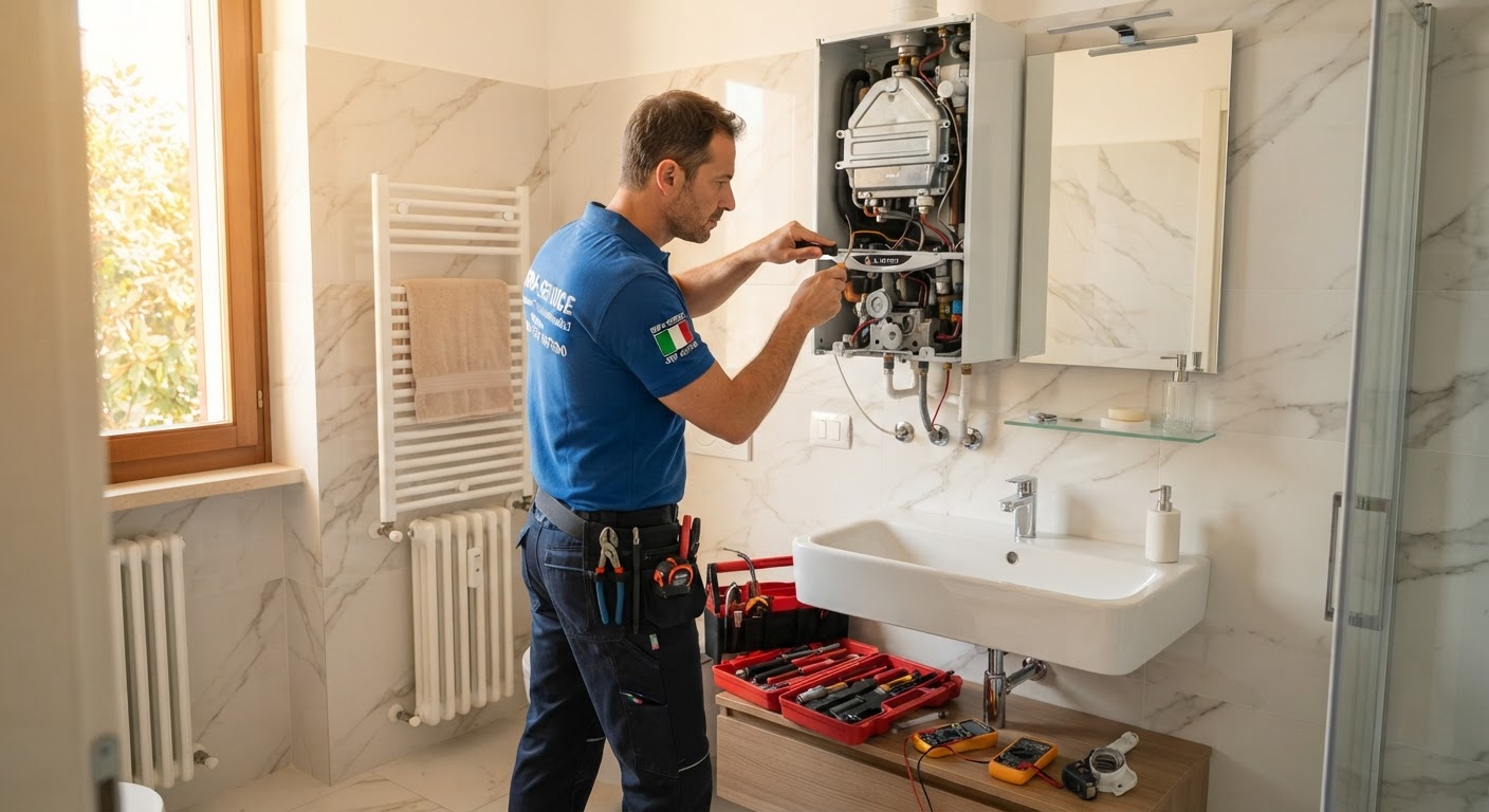 Tecnico specializzato al lavoro su un boiler a parete